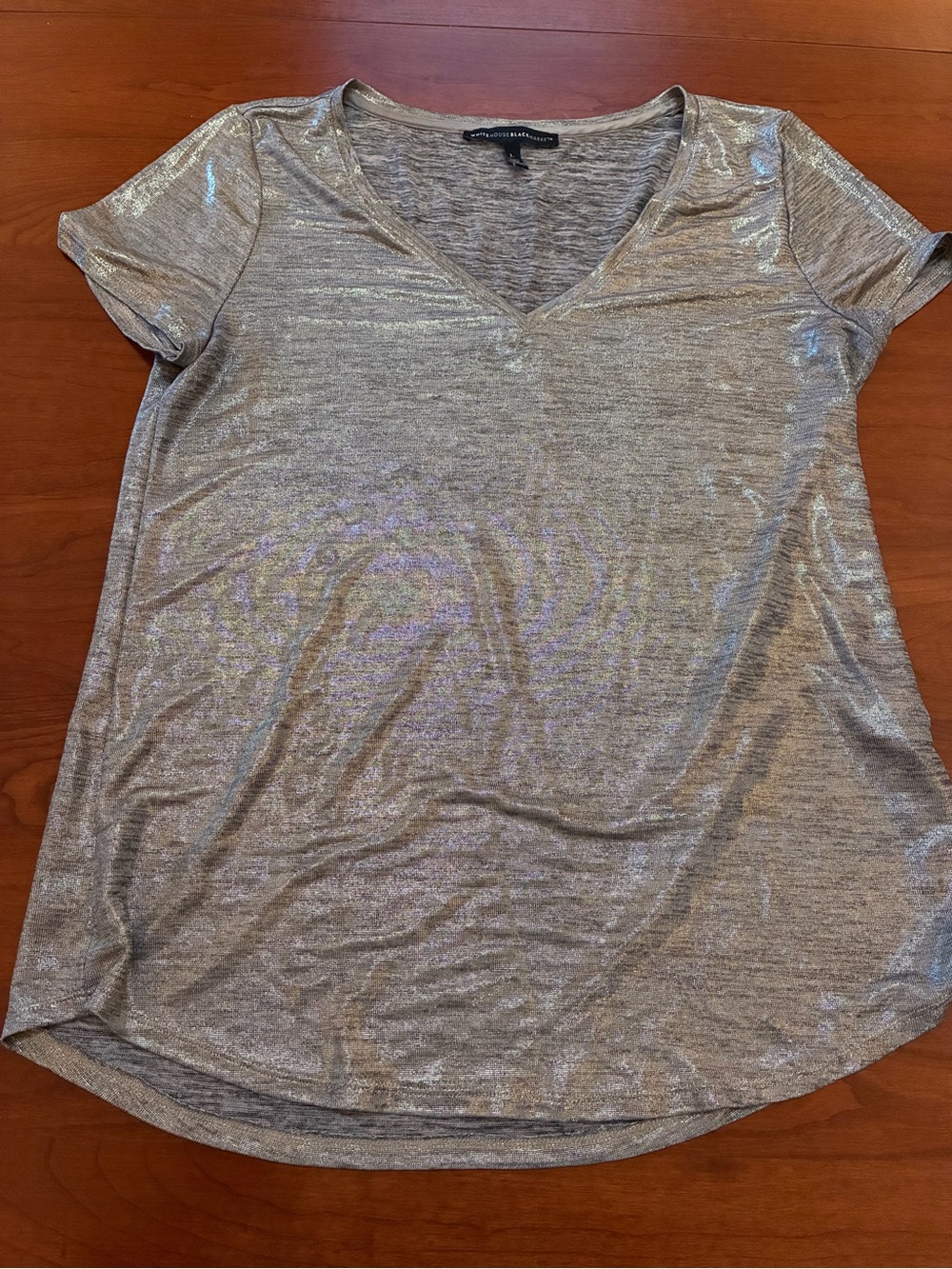 White House Black Market Metallic Gold V-Neck Tee Top Size L